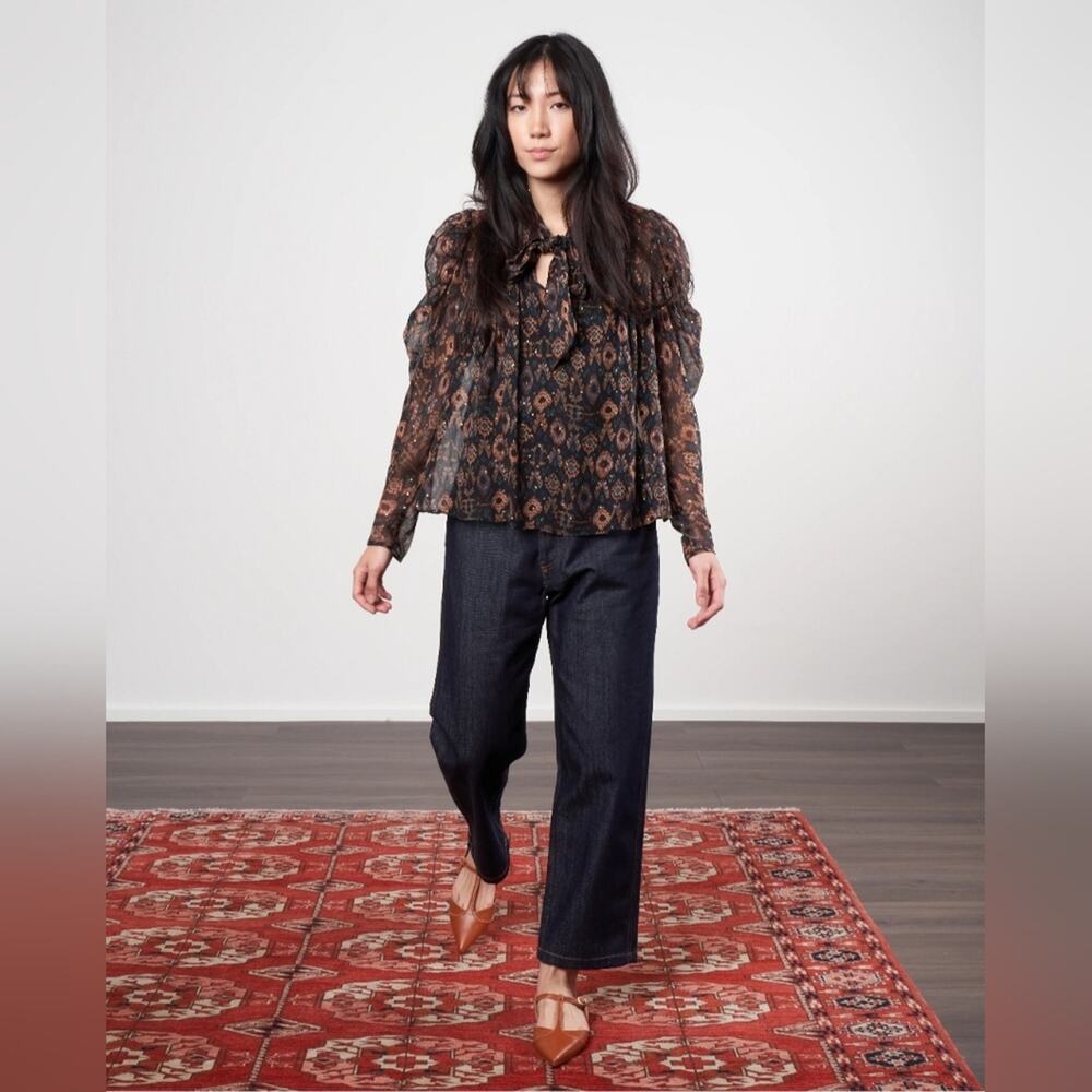 Ulla Johnson Black Onyx Metallic Ada Silk Blouse Size 8